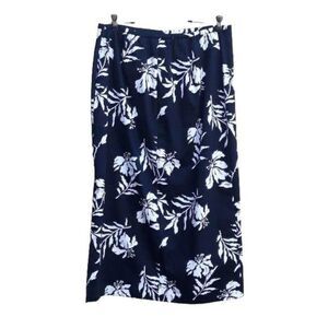Vintage 80s Skirt Maxi Straight Long Side Slit Cotton Blend Black Leaf Print 14W